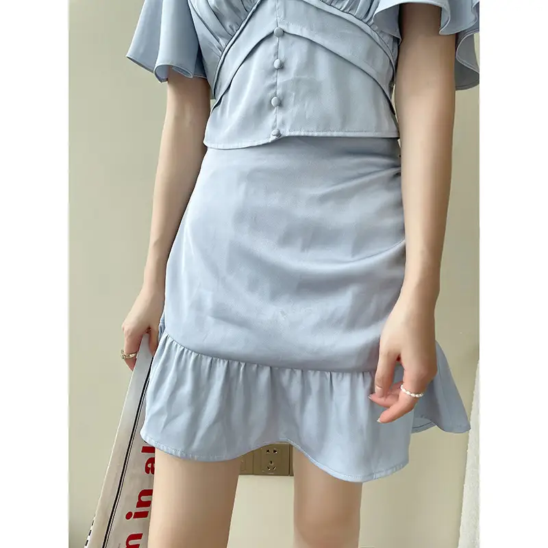 Light Blue Waist Slimming Two-Piece Dress Set - Image 5
