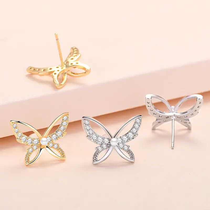 Factory Wholesale Butterfly Earrings with Zircon Round Face Design