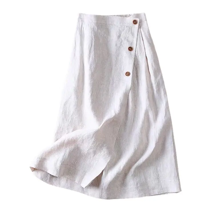 Women Linen A-Line Skirt White Mid-Length Elastic Waist - Image 9