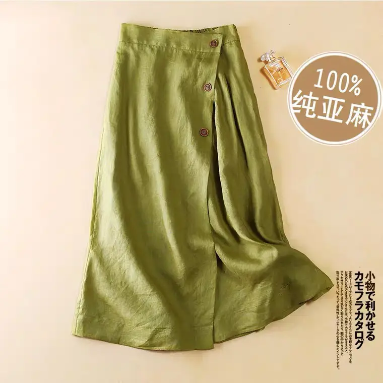 Women Linen A-Line Skirt White Mid-Length Elastic Waist - Image 2