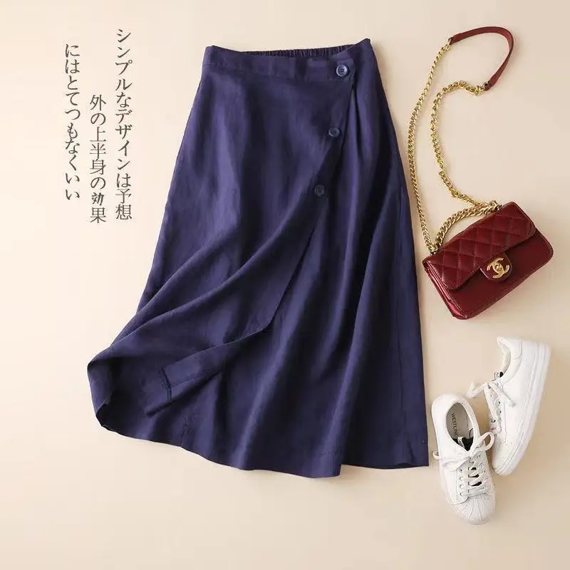 Women Linen A-Line Skirt White Mid-Length Elastic Waist - Image 4