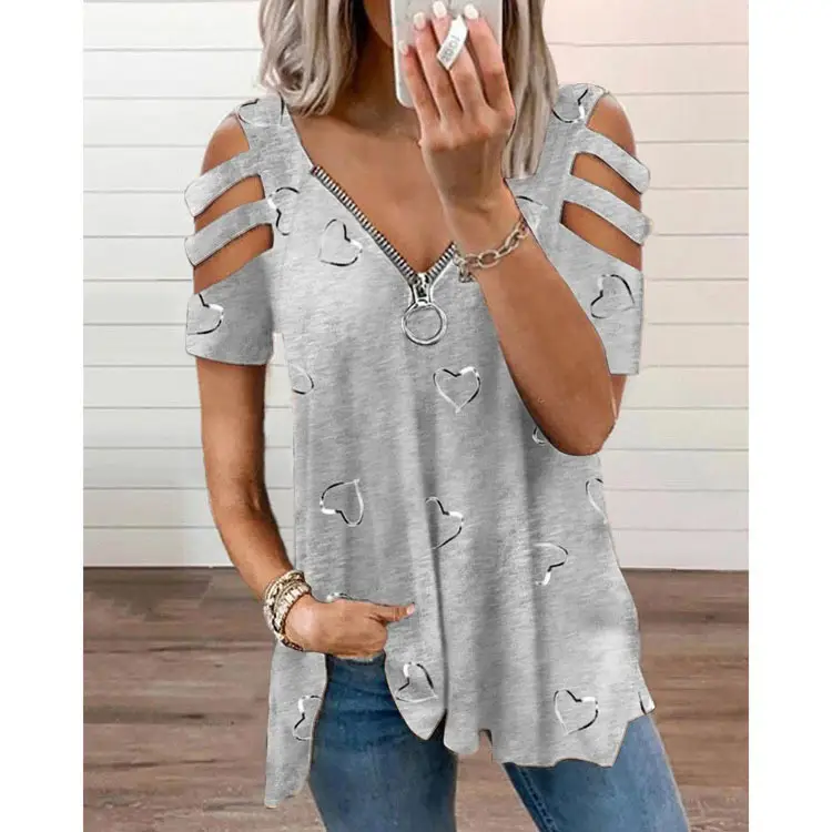 Women's V-Neck Printed T-Shirt with Heart Embroidery