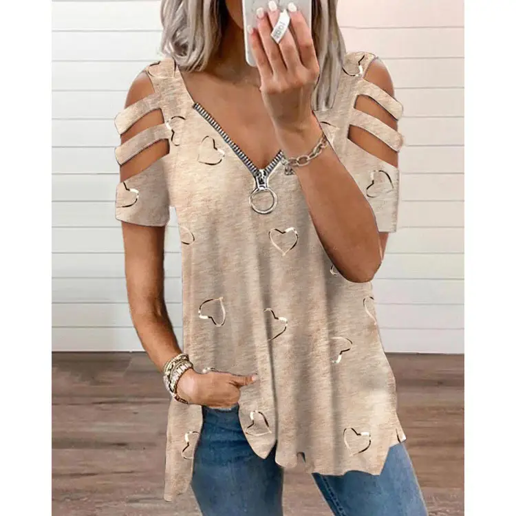Women's V-Neck Printed T-Shirt with Heart Embroidery