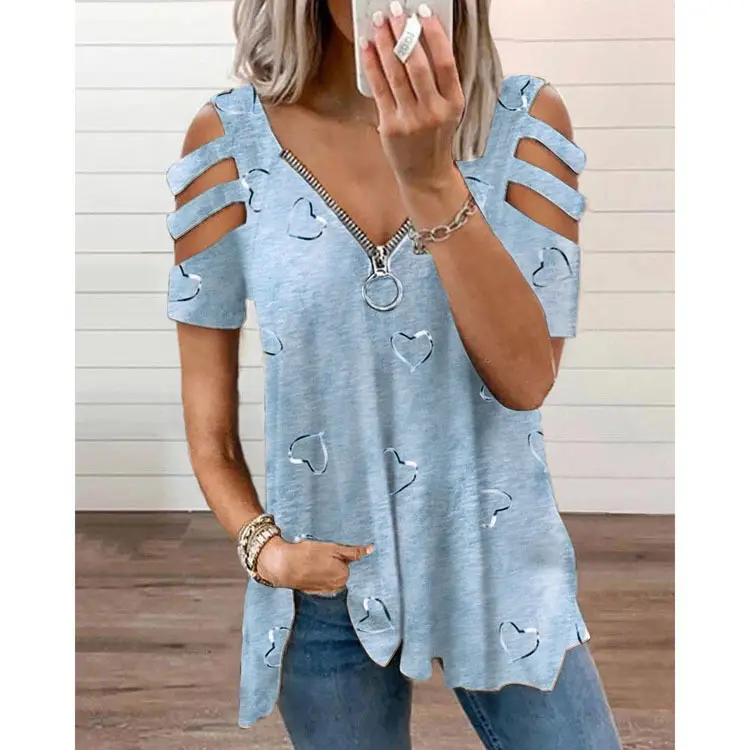Women's V-Neck Printed T-Shirt with Heart Embroidery