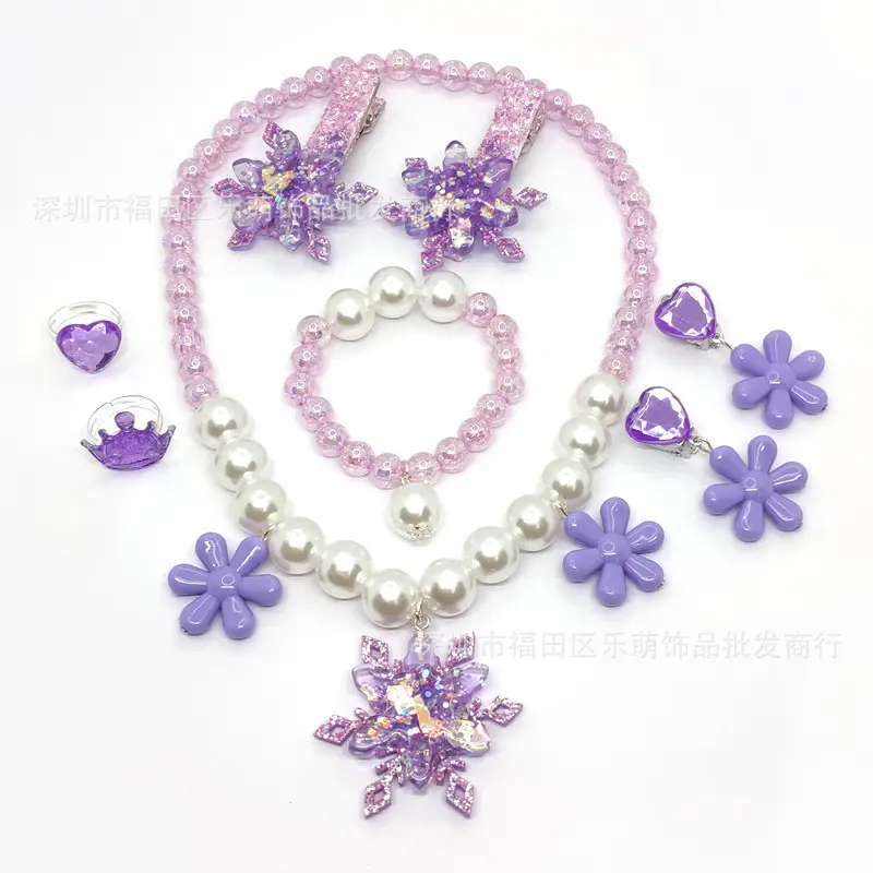 Purple Frozen Snowflake Pearl Necklace Set for Girls - Image 4