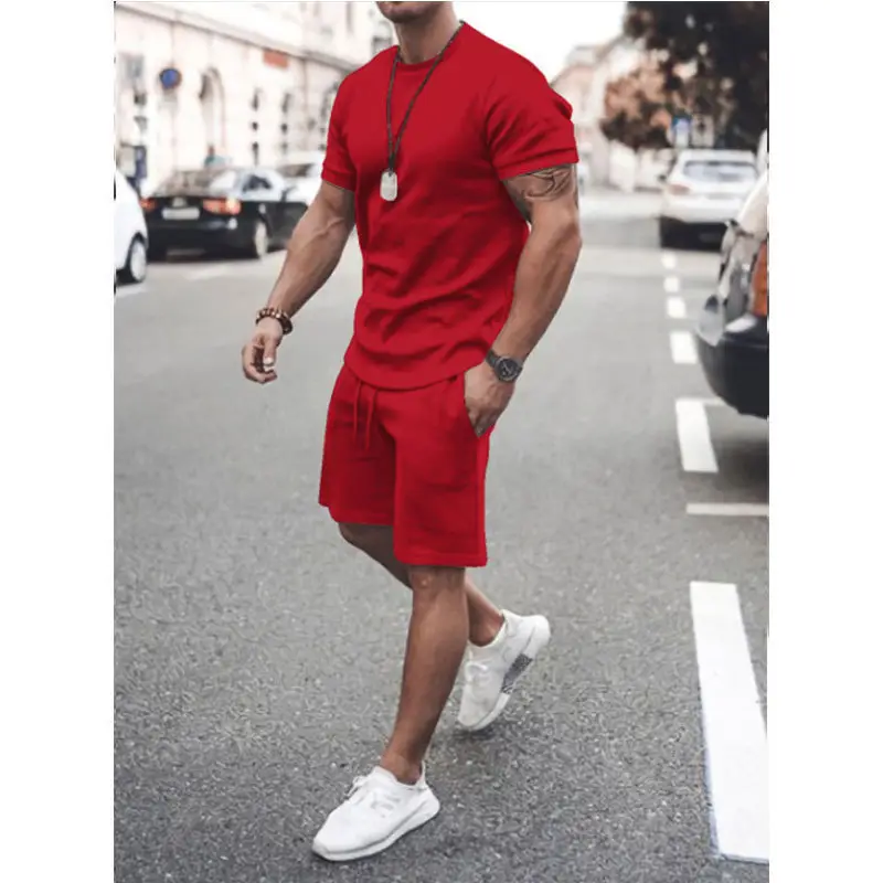 Men Red Short Sleeve Sports Shorts Suit Summer - Image 2