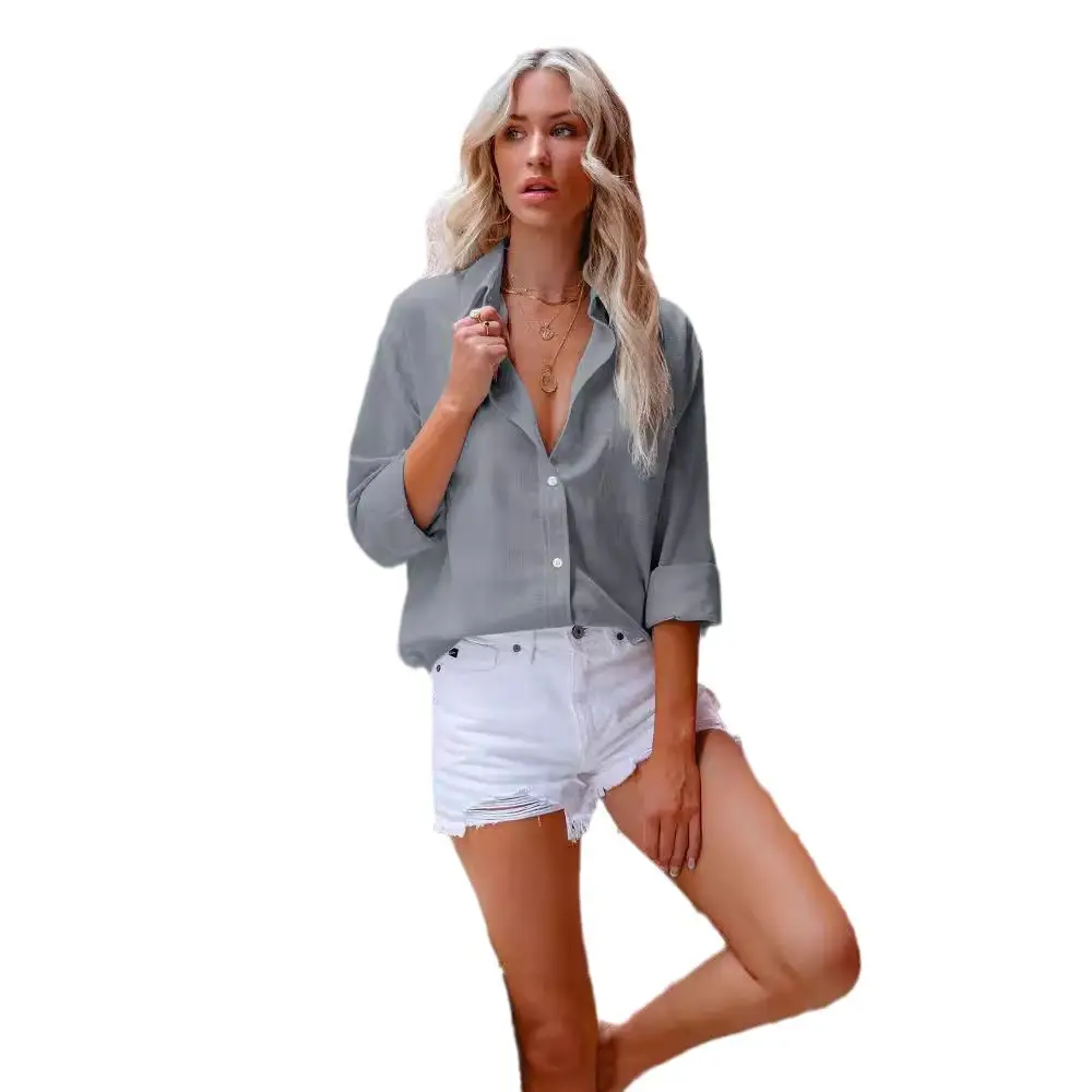 Women Cotton Linen Shirt White Long Sleeve Button Down - Image 14