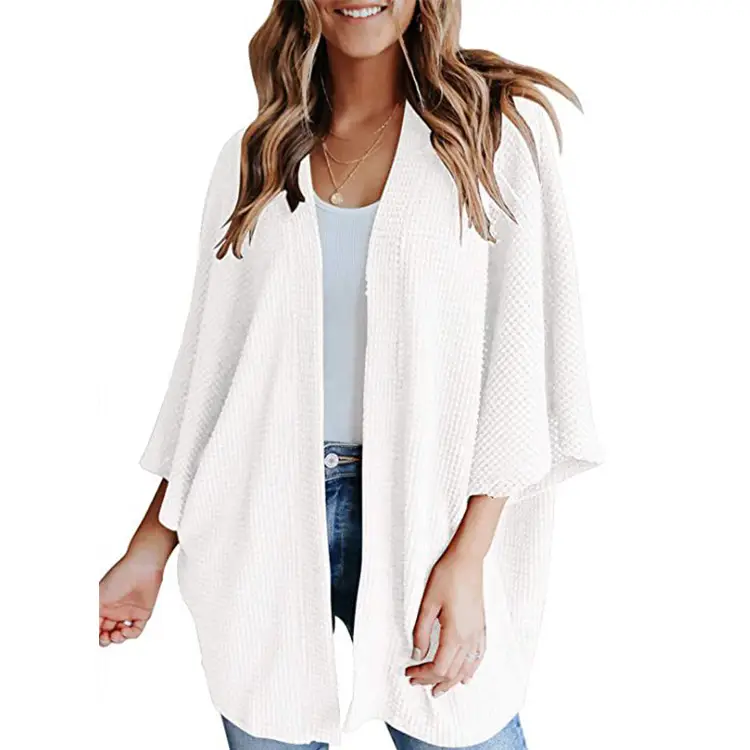 Women's White Knit Cardigan Three-Quarter Sleeve