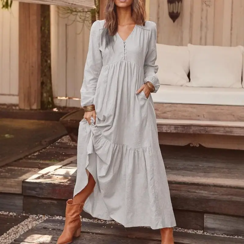 2023 Women Cotton Linen Long Sleeve Dress Multi Color Large Swing