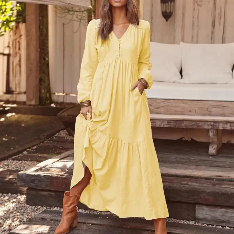 2023 Women Cotton Linen Long Sleeve Dress Multi Color Large Swing