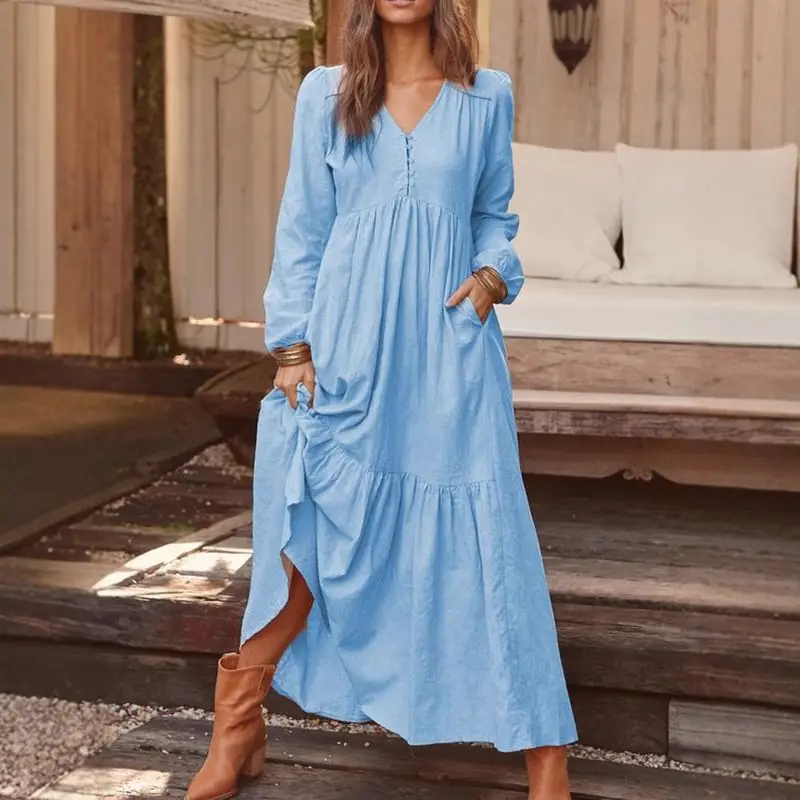 2023 Women Cotton Linen Long Sleeve Dress Multi Color Large Swing