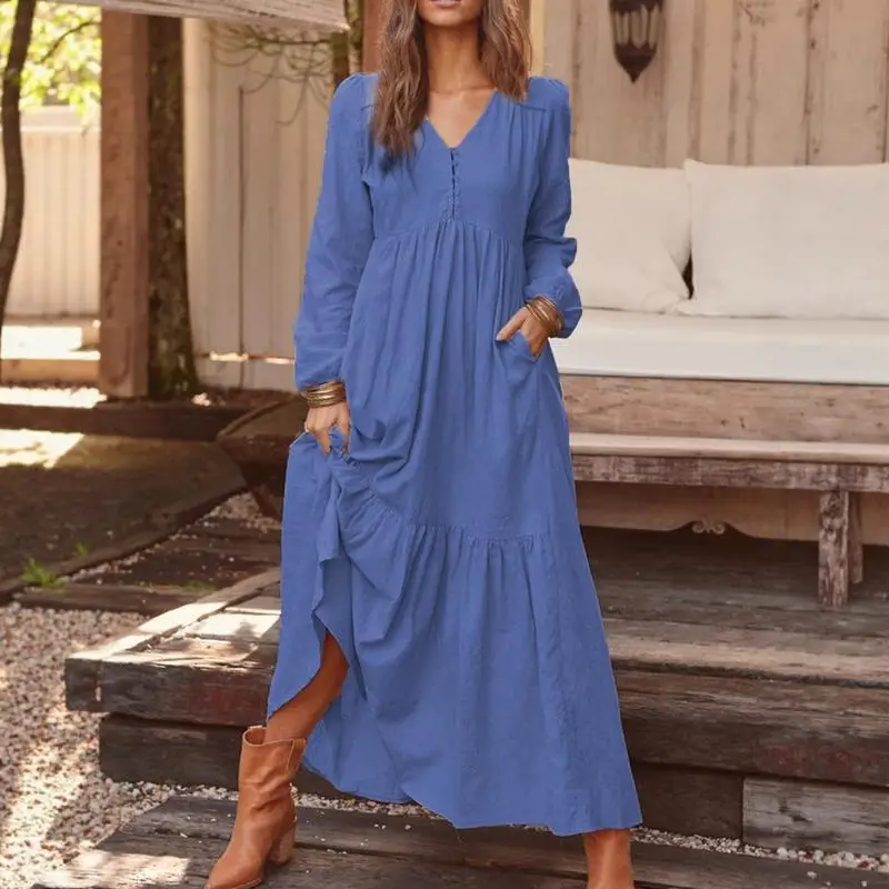 2023 Women Cotton Linen Long Sleeve Dress Multi Color Large Swing