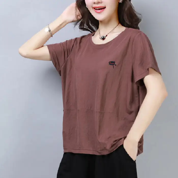 Women Brown Short Sleeve T-Shirt Loose Fit Summer Wear