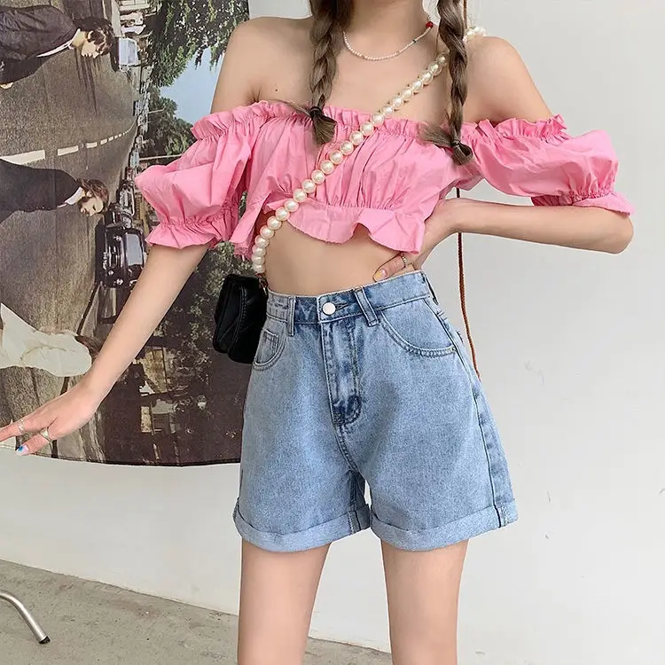 Women Wide Leg Denim Shorts 2021 Summer High Waist Curling
