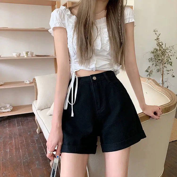 Women Wide Leg Denim Shorts 2021 Summer High Waist Curling