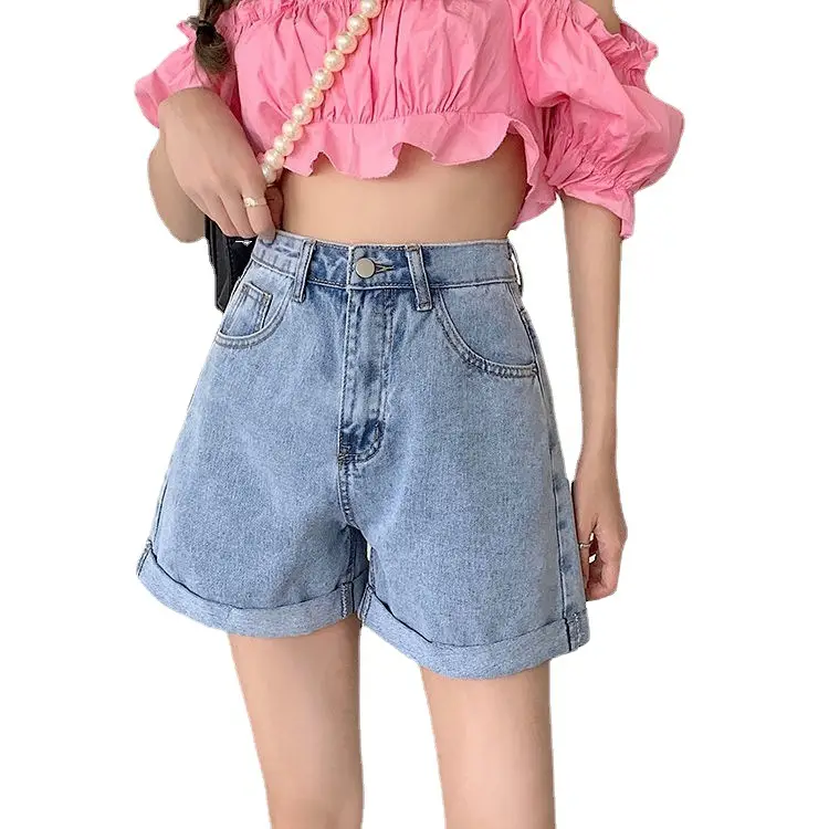 Women Wide Leg Denim Shorts 2021 Summer High Waist Curling