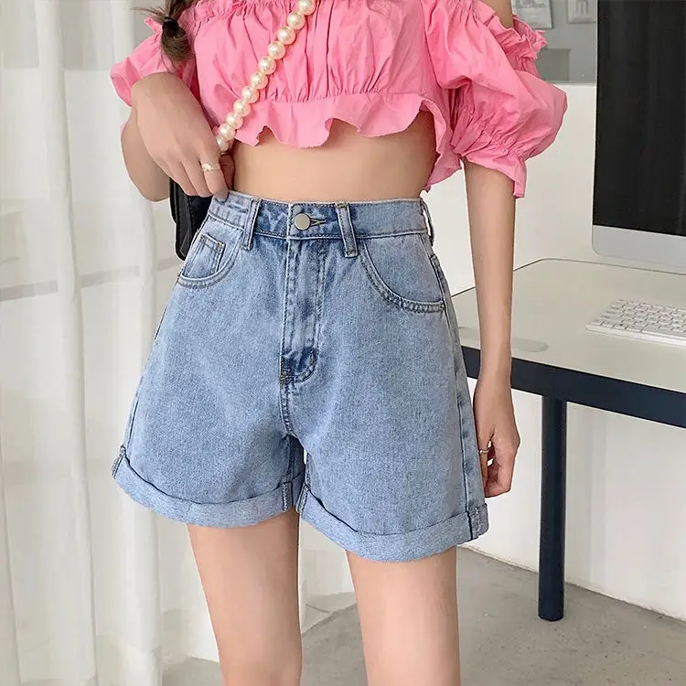 Women Wide Leg Denim Shorts 2021 Summer High Waist Curling