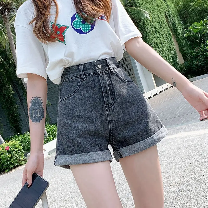 Women Wide Leg Denim Shorts 2021 Summer High Waist Curling