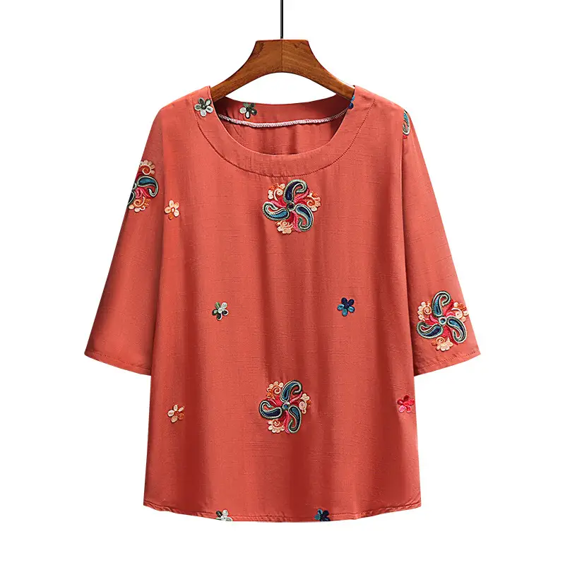 Green Embroidered Seven-Sleeve T-Shirt for Women - Image 7