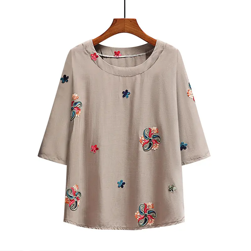 Green Embroidered Seven-Sleeve T-Shirt for Women - Image 9