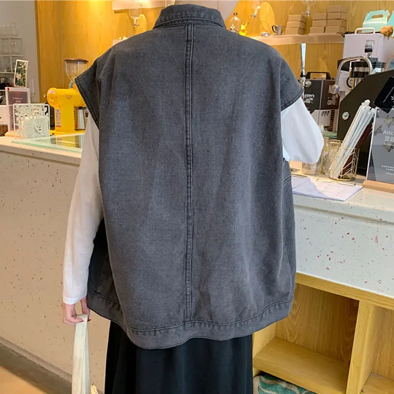 Women Korean Style Denim Vest Mid Length Loose Sleeveless Waistle Lapel Vest Cardigan Autumn Casual Simple Coat