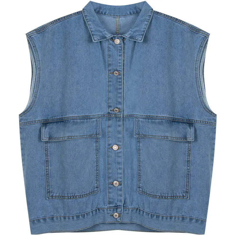 Women Korean Style Denim Vest Mid Length Loose Sleeveless Waistle Lapel Vest Cardigan Autumn Casual Simple Coat