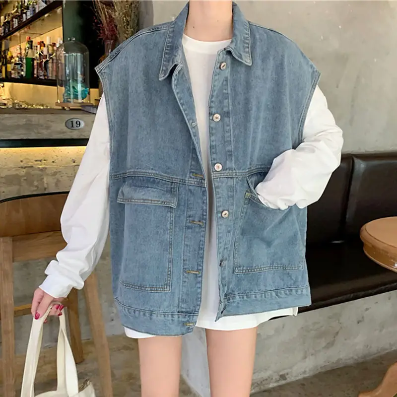 Women Korean Style Denim Vest Mid Length Loose Sleeveless Waistle Lapel Vest Cardigan Autumn Casual Simple Coat
