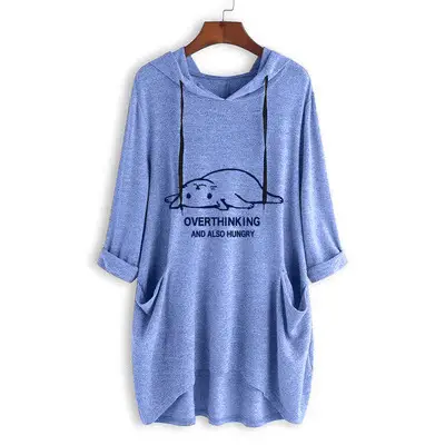 Women Oversized Blue Hooded T-Shirt with Overthinking Graphic