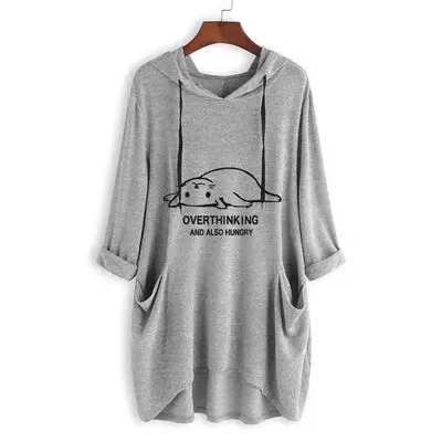 Women Oversized Blue Hooded T-Shirt with Overthinking Graphic