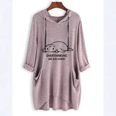 Women Oversized Blue Hooded T-Shirt with Overthinking Graphic