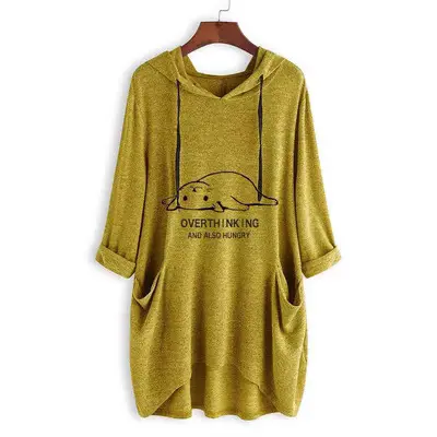 Women Oversized Blue Hooded T-Shirt with Overthinking Graphic