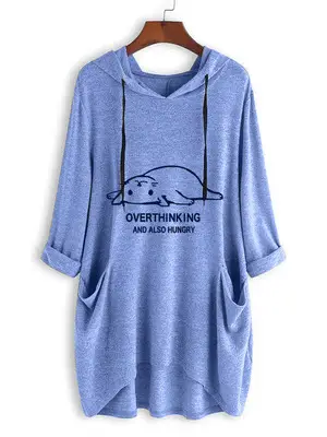 Women Oversized Blue Hooded T-Shirt with Overthinking Graphic