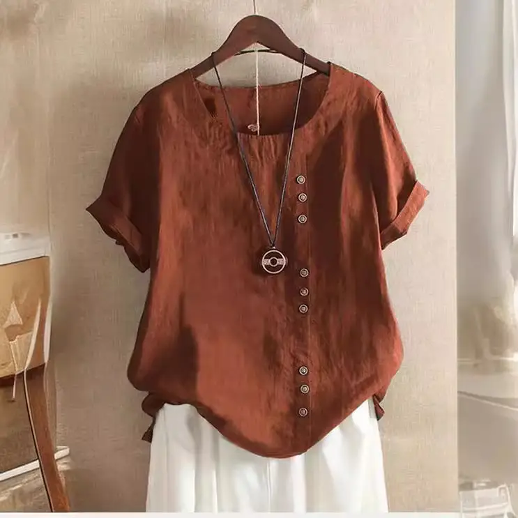 2023 Summer Button Cotton Linen T-Shirt Large - Image 7
