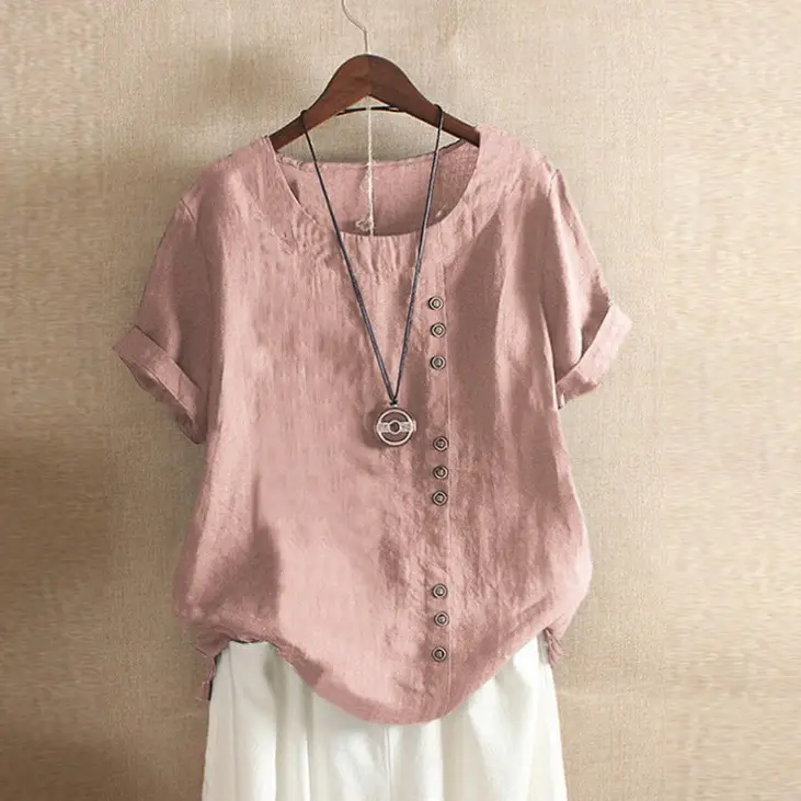 2023 Summer Button Cotton Linen T-Shirt Large - Image 8
