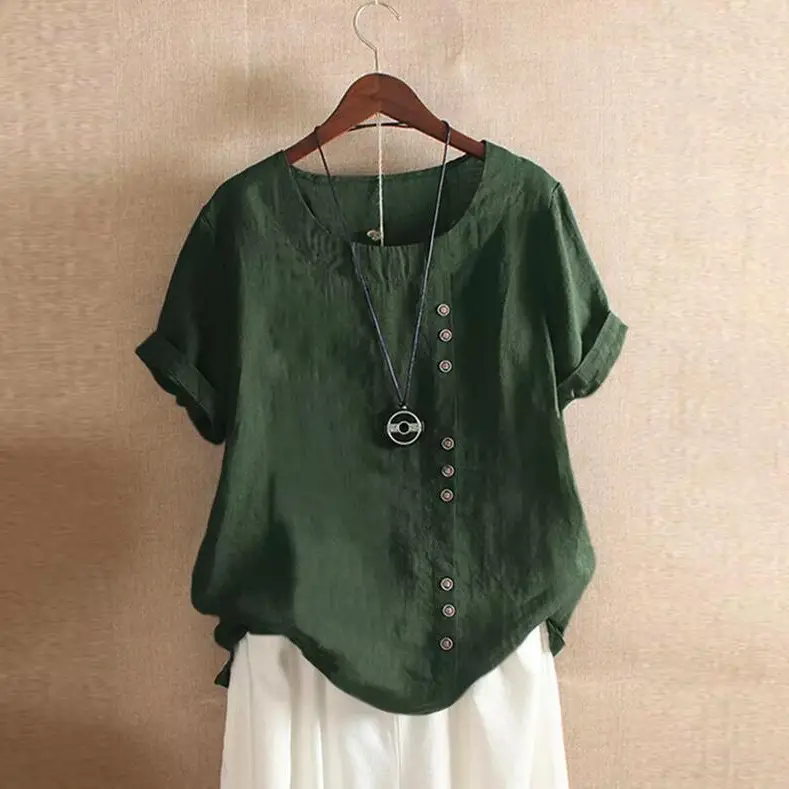 2023 Summer Button Cotton Linen T-Shirt Large - Image 9