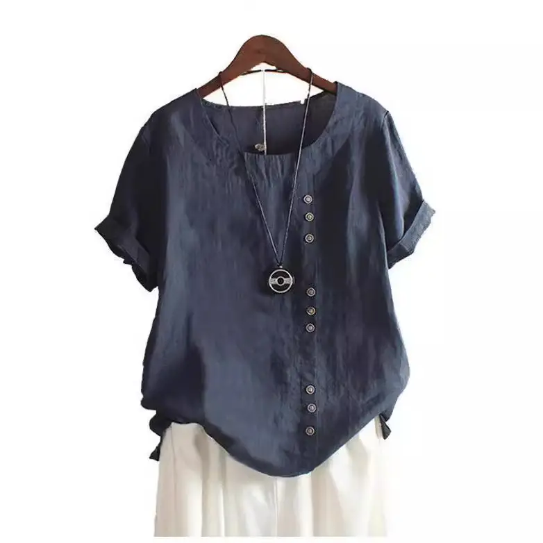 2023 Summer Button Cotton Linen T-Shirt Large - Image 10