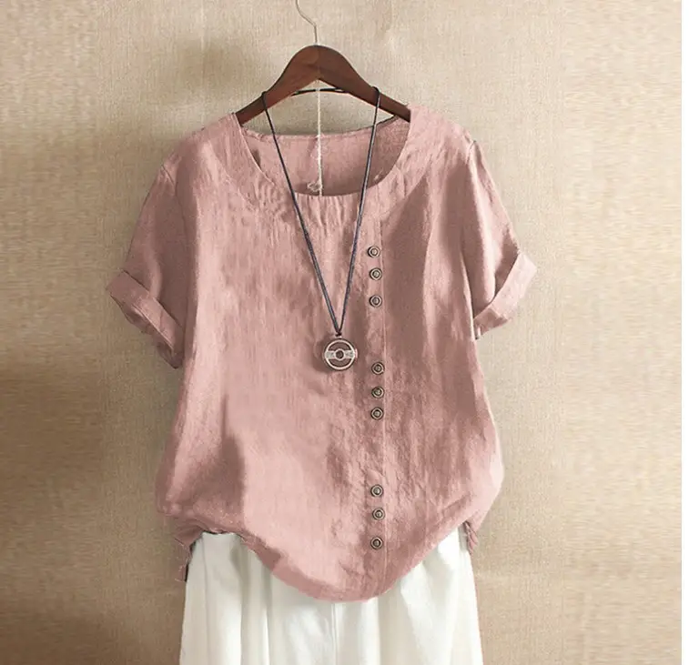 2023 Summer Button Cotton Linen T-Shirt Large - Image 2