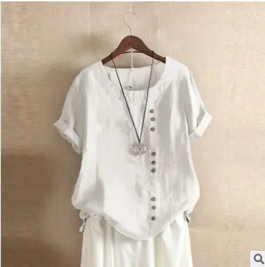 2023 Summer Button Cotton Linen T-Shirt Large - Image 3