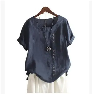 2023 Summer Button Cotton Linen T-Shirt Large - Image 4