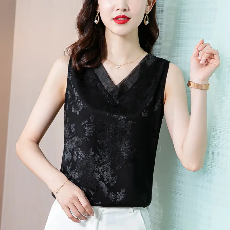 Black Jacquard Satin Sleeveless V-Neck Vest Top Plus Size - Image 6