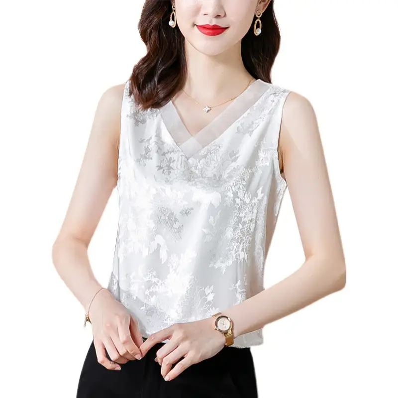 Black Jacquard Satin Sleeveless V-Neck Vest Top Plus Size - Image 7