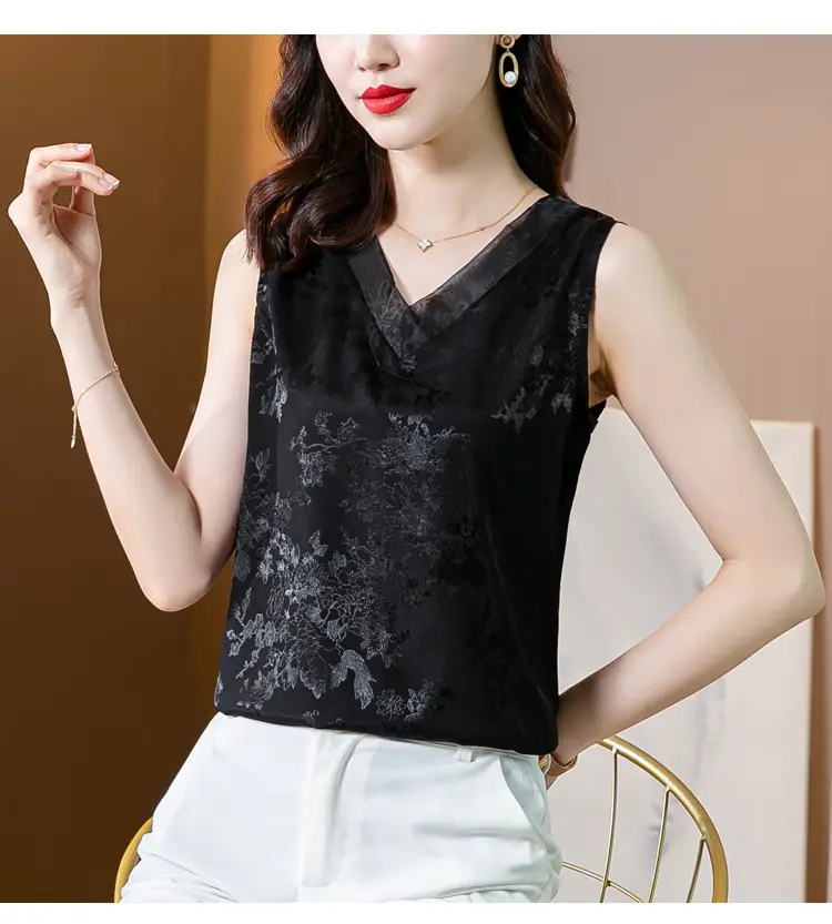 Black Jacquard Satin Sleeveless V-Neck Vest Top Plus Size — feature 15