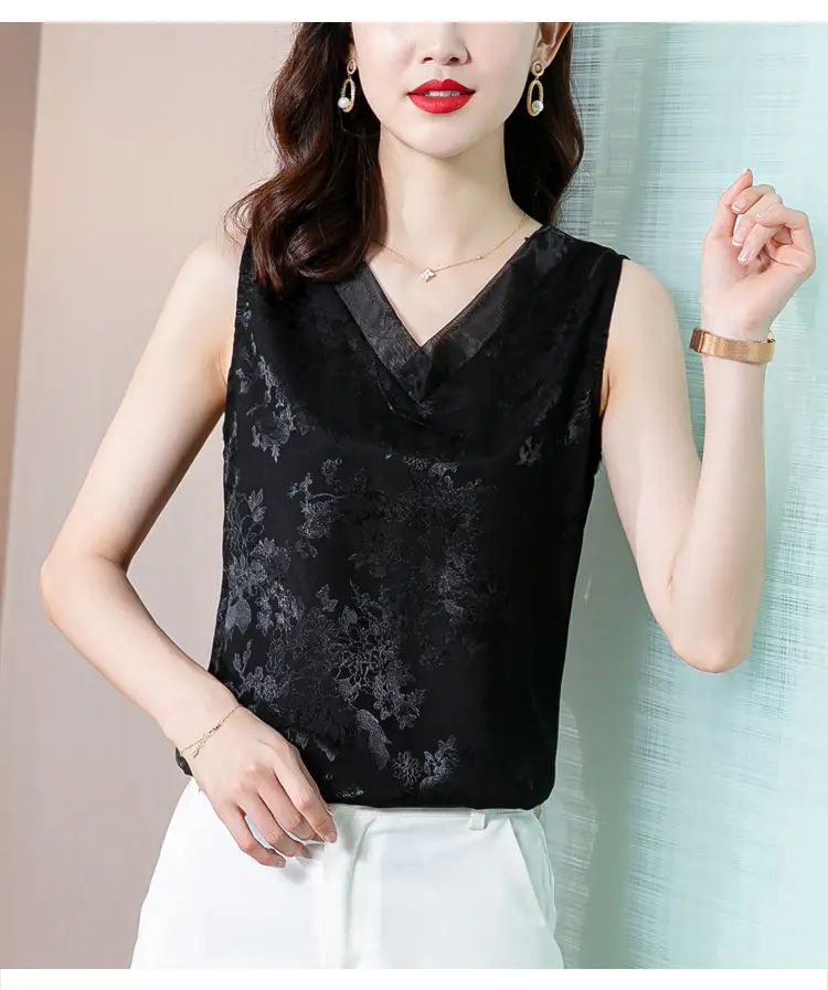 Black Jacquard Satin Sleeveless V-Neck Vest Top Plus Size — feature 17