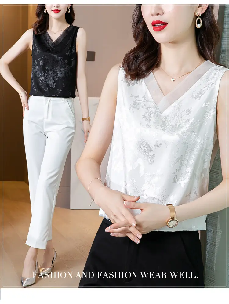 Black Jacquard Satin Sleeveless V-Neck Vest Top Plus Size — feature 6