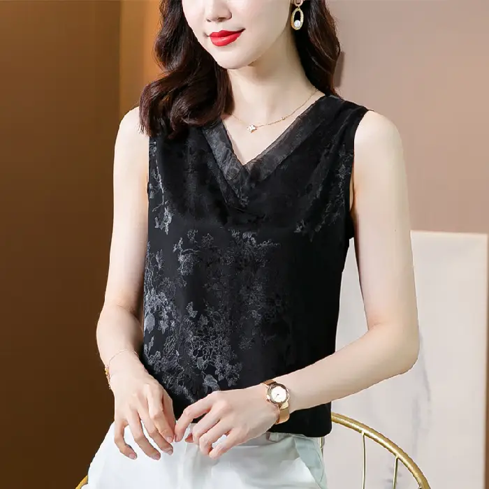Black Jacquard Satin Sleeveless V-Neck Vest Top Plus Size - Image 2