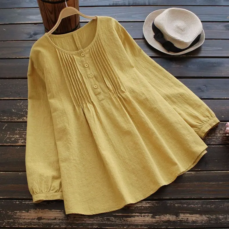 Long Sleeve Women's Pleated Top Yellow White Blue Pink - Image 7