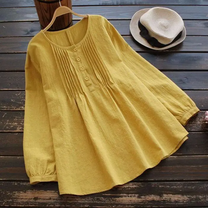 Long Sleeve Women's Pleated Top Yellow White Blue Pink - Image 3