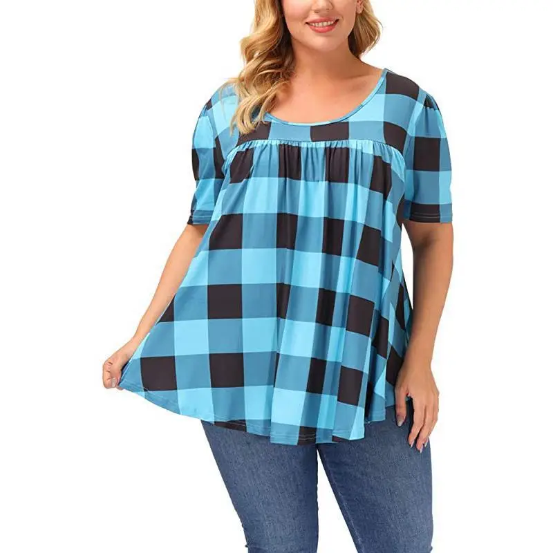 Summer Plaid Crewneck Top Women Large Size - Image 9