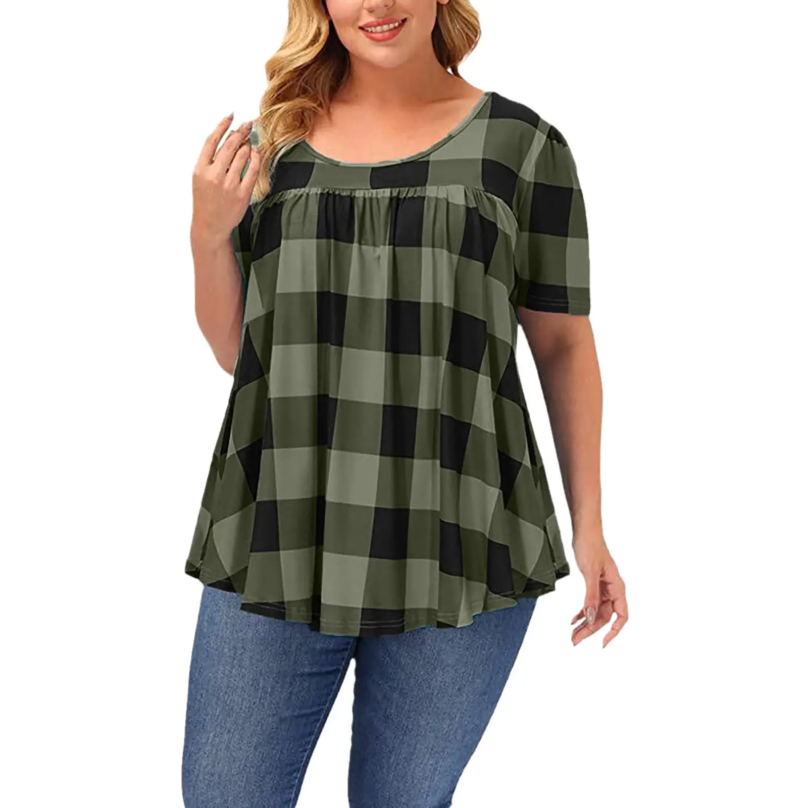 Summer Plaid Crewneck Top Women Large Size - Image 12