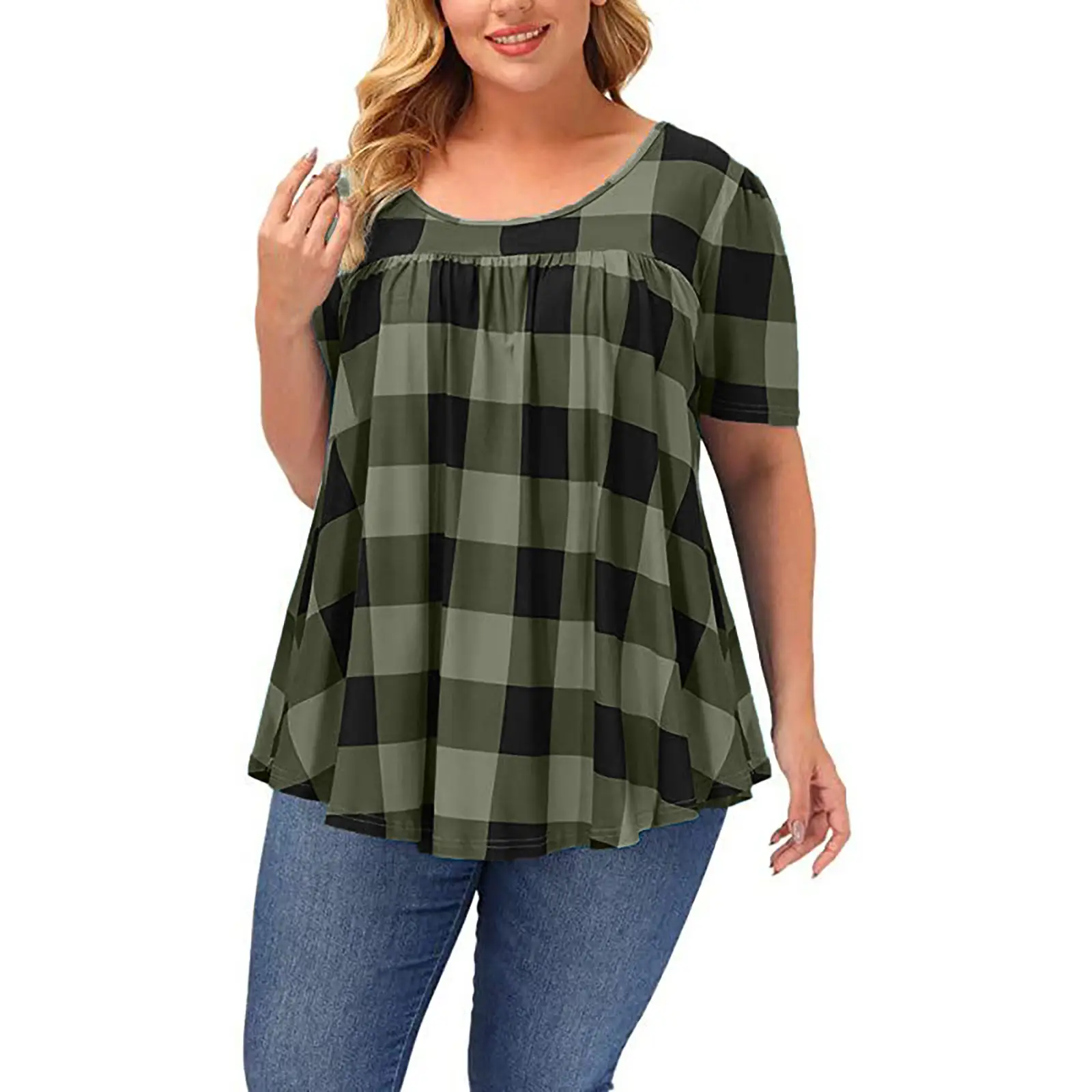 Summer Plaid Crewneck Top Women Large Size - Image 4